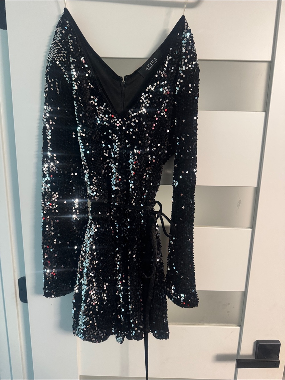 Akira Black Sequin Long-Sleeve Mini romper
